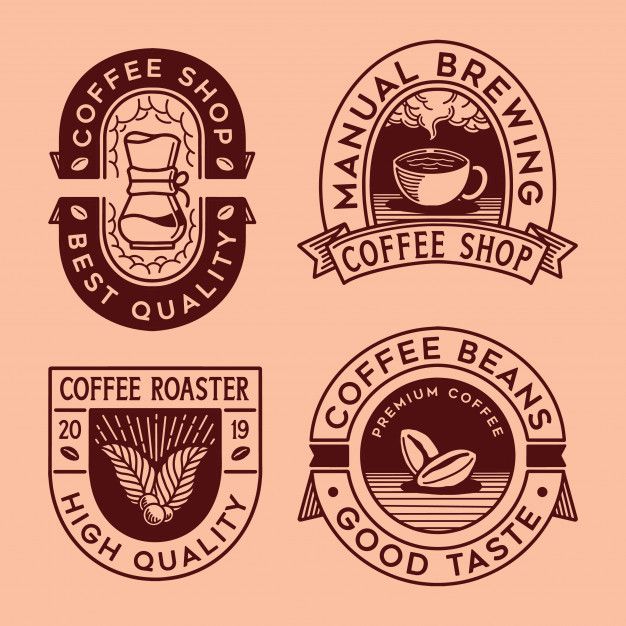 coffee shop badges and emblems with different types of coffee beans in vintage style on pink background