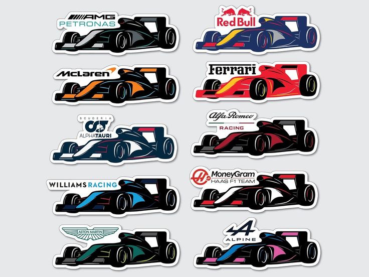 various racing cars stickers on a white background