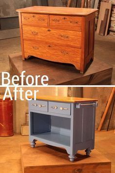 before and after photos of an old dresser turned into a kitchen island with drawers on each side