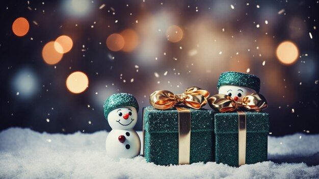 two snowmen are holding presents in the snow