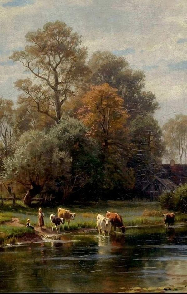 a painting of cows drinking water from a river