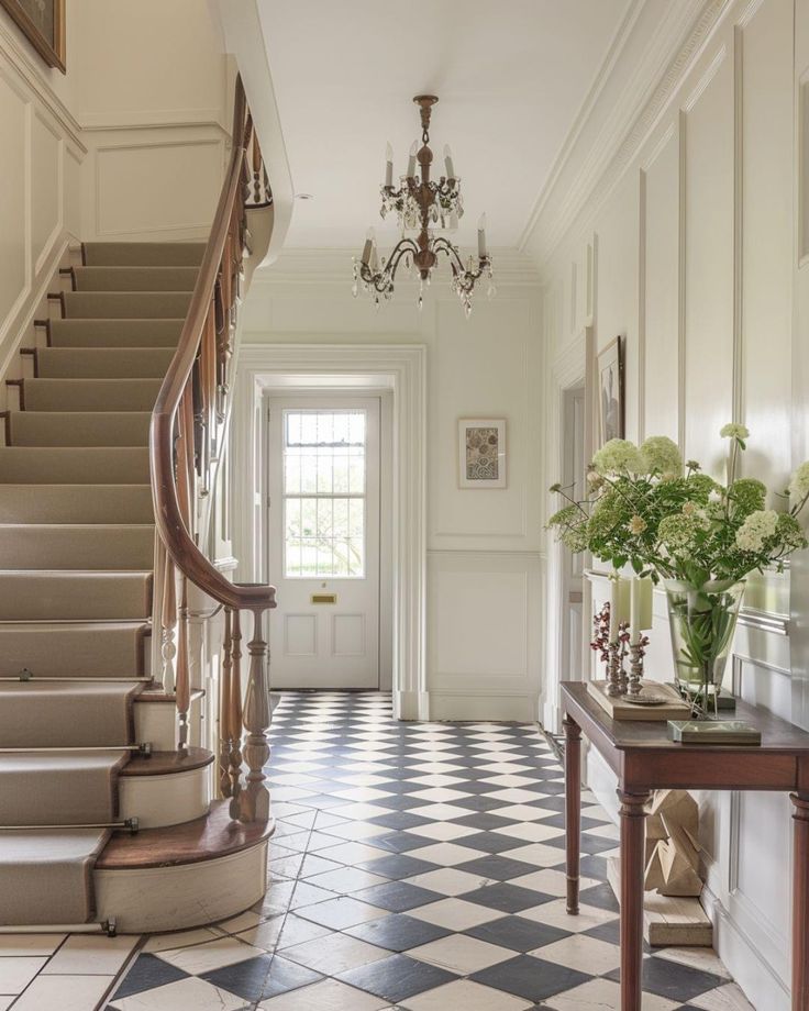 a foyer with checkered flooring, chandelier and staircase leading up to the door