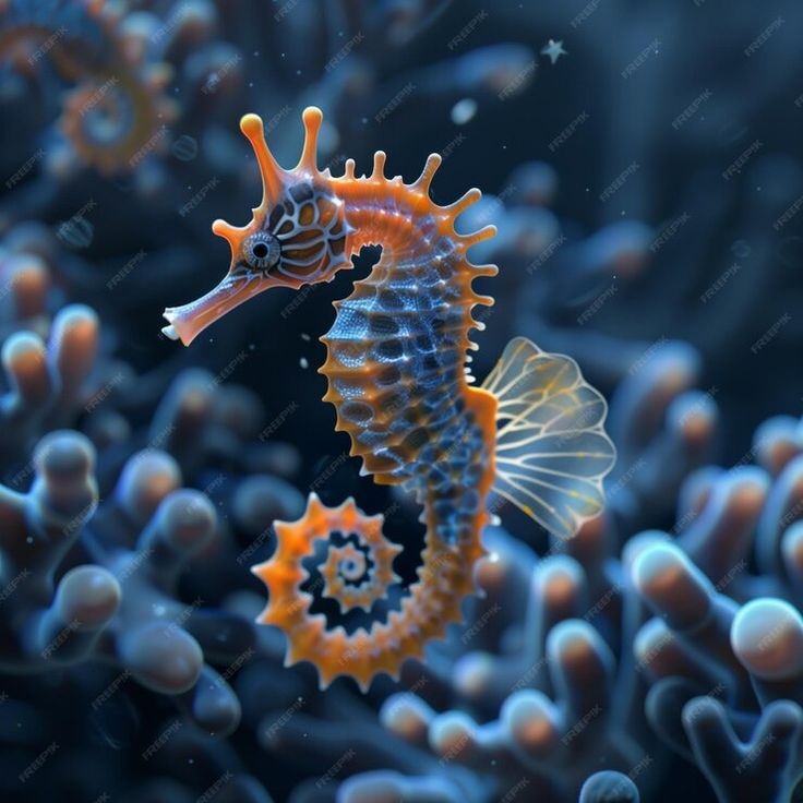 an orange and blue sea horse in the ocean