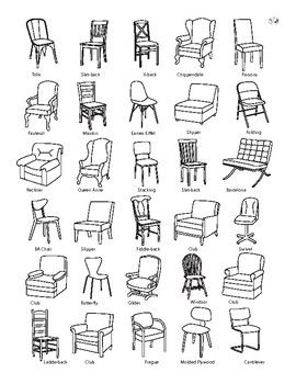 various types of chairs are shown in black and white, with the names below them