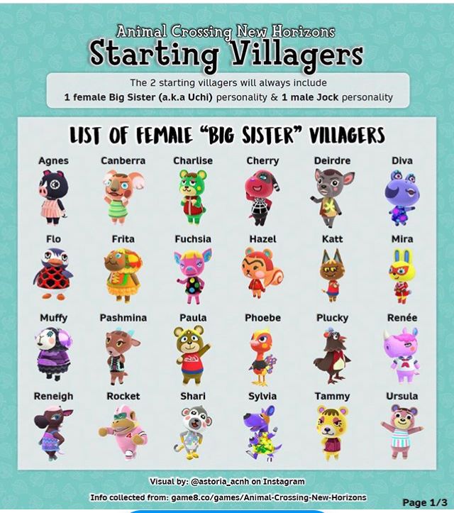 an animal crossing new haven character chart with the names and characters for each item in it