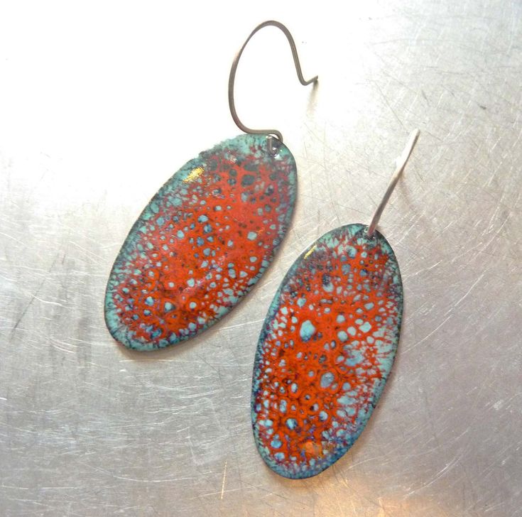 Red Galaxy Enamel Earrings Torch Fired Enamel Jewelry, Red Galaxy, Bubble Texture, Beachglass Jewelry, Copper Sheets, Enamels, Enamel Earrings, Enamel Jewelry, Ear Wire