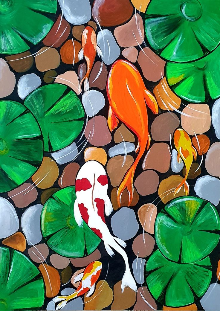 a painting of two koi fish and lily pads