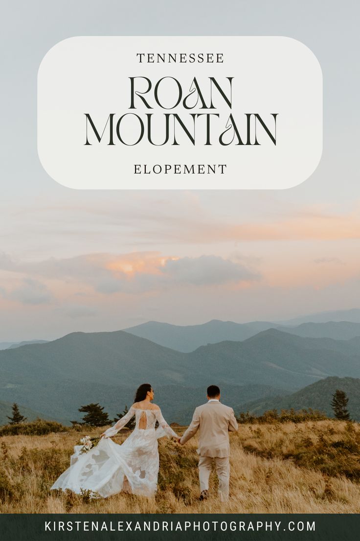 a bride and groom holding hands while walking on top of a hill with mountains in the background