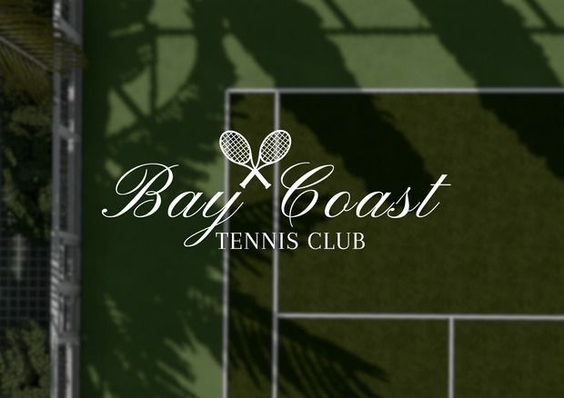 the logo for bay coast tennis club is shown on a green background with palm trees