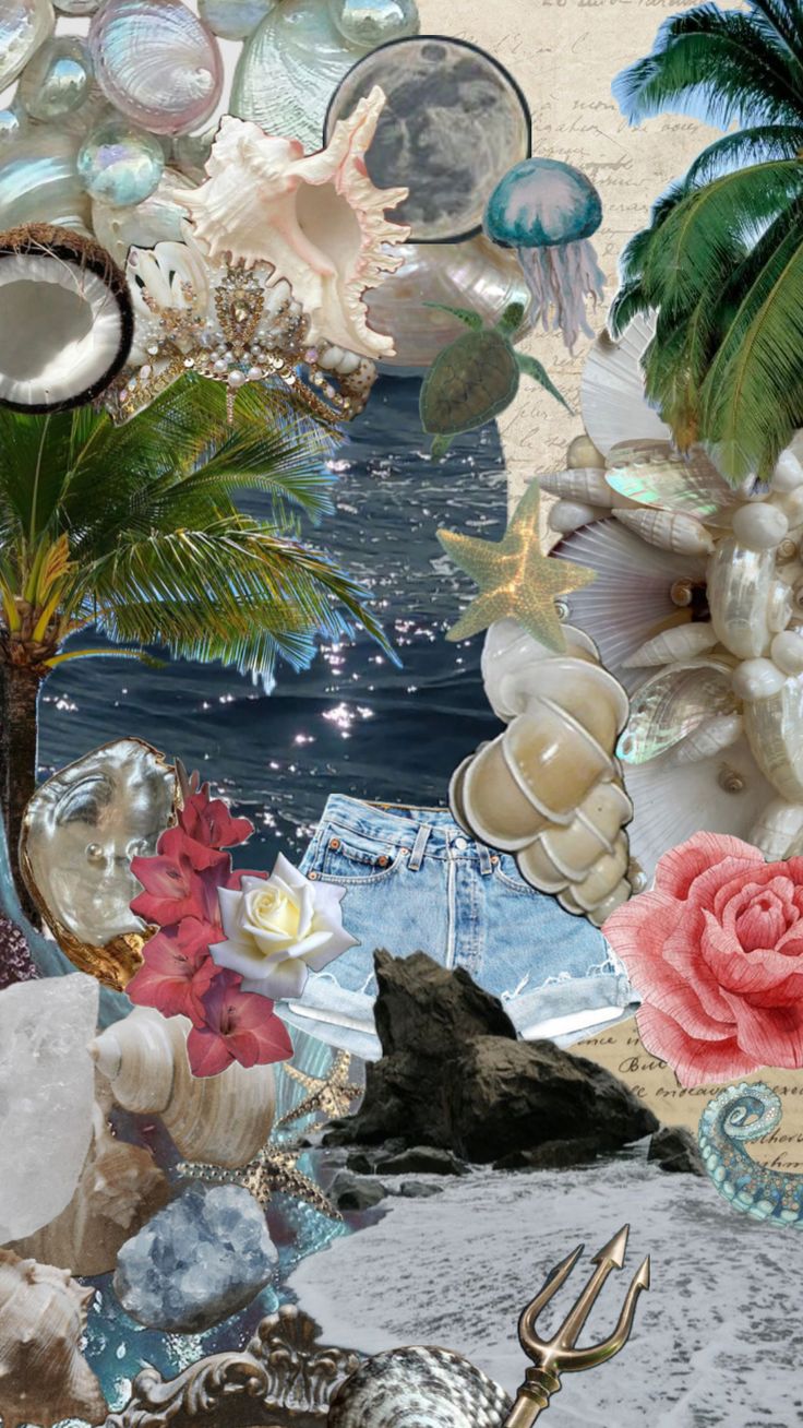 a collage of seashells, flowers and palm trees