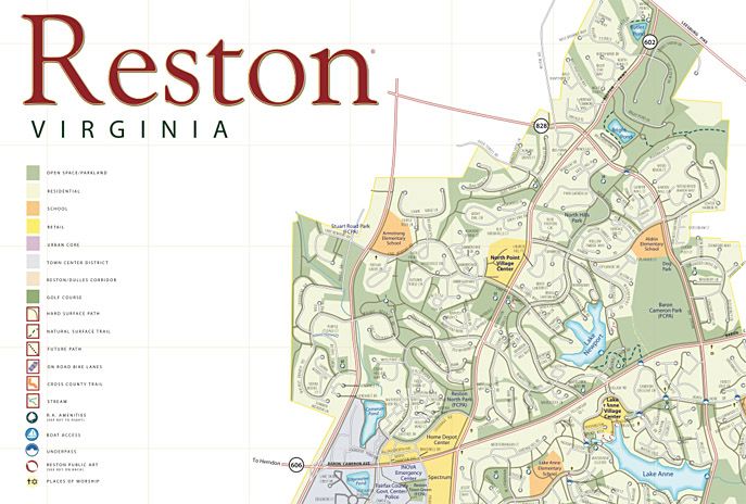 a map of reston, virginia with all the towns and roads marked in red