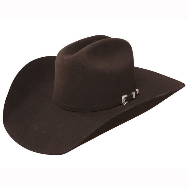 The Stetson Oak Ridge Wool Cowboy Hat - a classic and authentic piece crafted in the USA. With a 4 1/4" cattleman crown and a 4" brim, this hat exudes Western charm and provides ample sun protection. The 100% wool construction ensures durability and comfort, while the leather hat band with a 3-piece buckle set adds a touch of rugged elegance. Saddle up and embrace the spirit of the West with the Stetson Oak Ridge Wool Cowboy Hat. Brim - 4" Crown - 4 1/4" Chocolate Brown 3X Fur Felt Proudly made in the U.S.A. Classic Brown Hat With Flat Crown, Classic Brown Felt Hat With Flat Crown, Wool Brimmed Hat For Country Events, Classic Wool Fitted Hat With Flat Brim, Classic Flat Crown Hat Bands For Western-themed Events, Classic Flat Crown Hat Bands For Western Events, Brown Curved Brim Top Hat For Ranch, Classic Top Hat With Flat Crown For Western-themed Events, Rigid Flat Brim Hat For Country Events