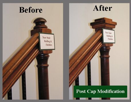 before and after shots of a stair banister with post cap modifications