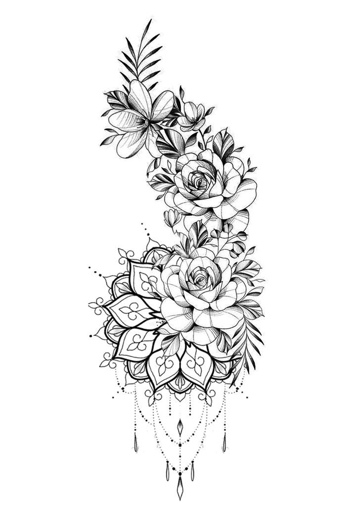 a black and white drawing of flowers with leaves on the bottom half of each flower