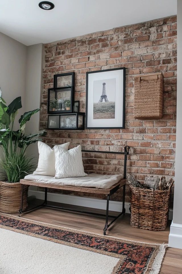 a living room with brick wall and white rugs on the floor, framed pictures above