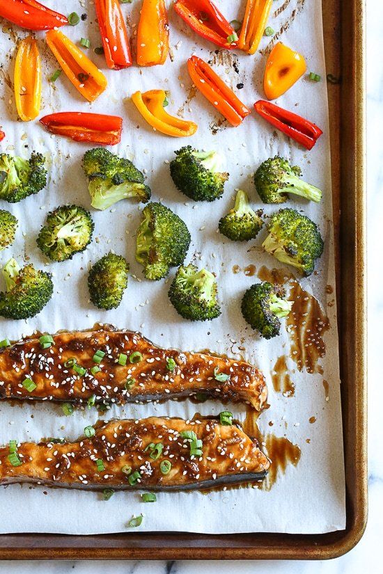 an image of broccoli florets and fish on a baking sheet with text overlay