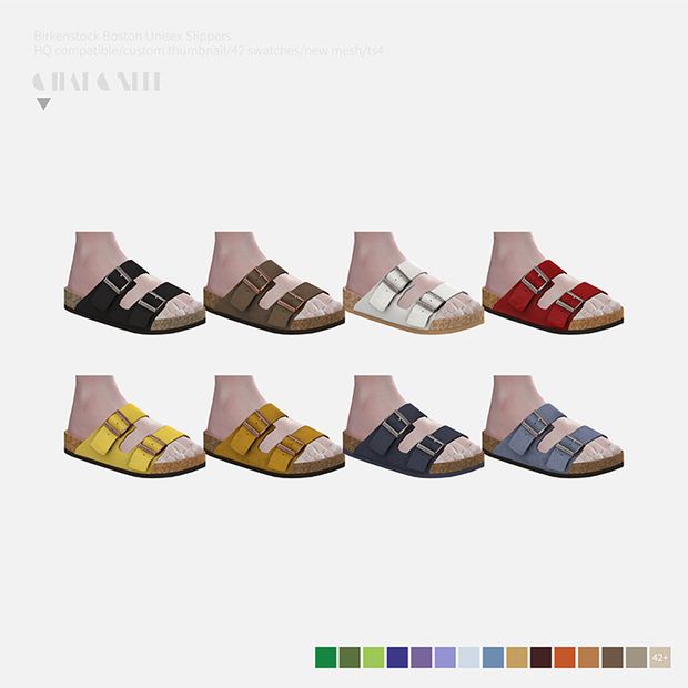 six pairs of shoes with different colors and sizes, all in the same color scheme