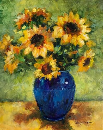 a painting of sunflowers in a blue vase