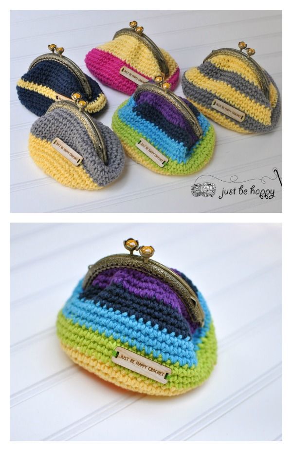 crocheted coin purses with zippered closures are shown in three different colors