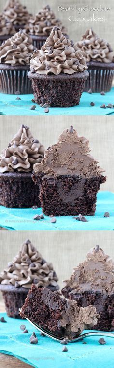 chocolate cupcakes with oreo cookies and frosting on top, one has a bite taken out