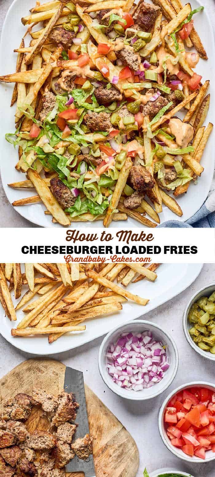 a plate with fries, salad and other food on it that says how to make cheeseburger loaded fries