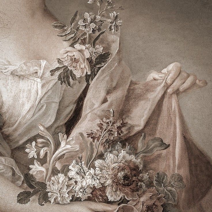 a painting of a woman with flowers in her hand and a cloth draped over her shoulder