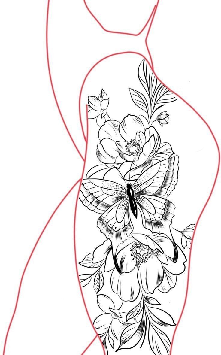 a woman's back with flowers and butterflies on her stomach, as well as the outline