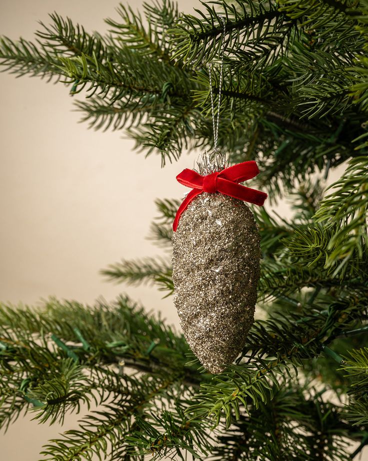 a christmas ornament hanging from a pine tree with a red bow on it