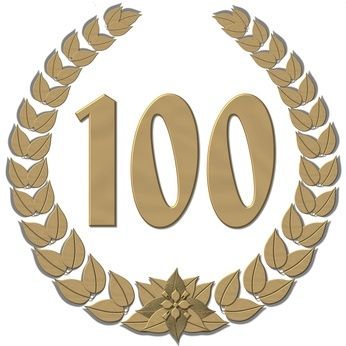 an image of a gold medal with the number 100 in it's center surrounded by leaves