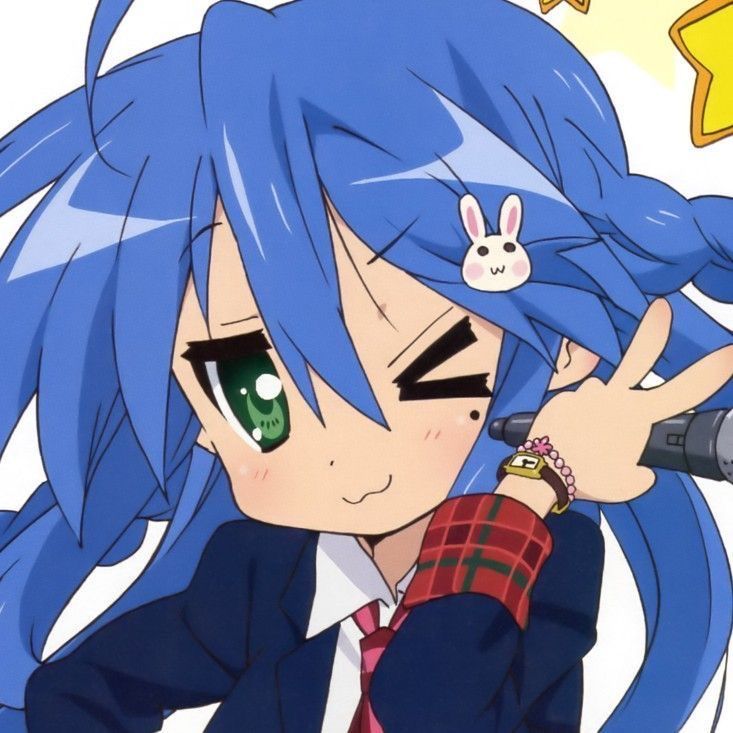 an anime character with blue hair holding a microphone