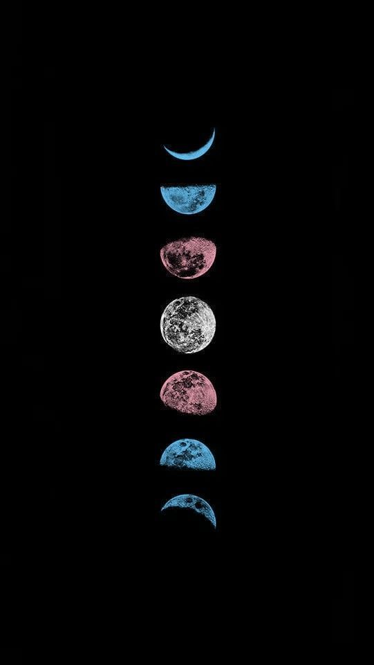 three phases of the moon are shown in pink, blue and white on a black background