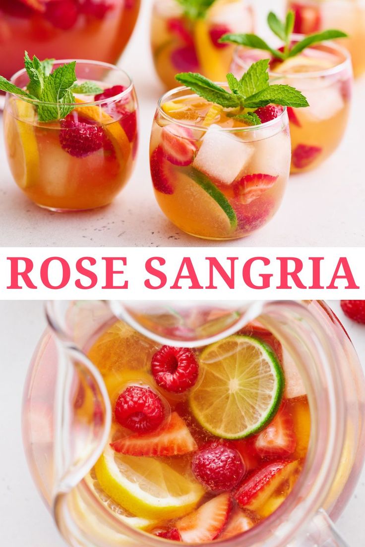 rose sangria with lemons, raspberries and mint leaves in pitcheres