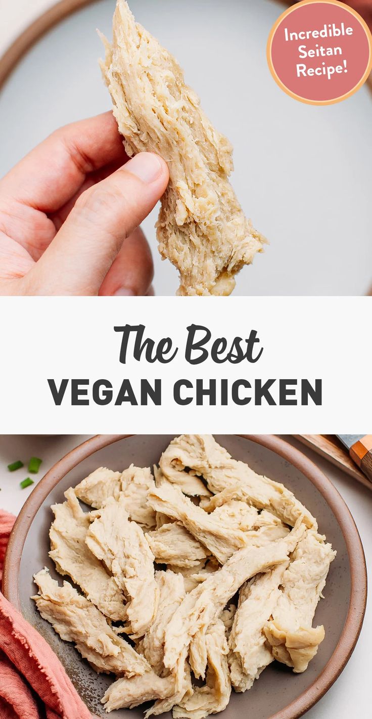 the best vegan chicken recipe on a plate with a hand holding a piece of chicken