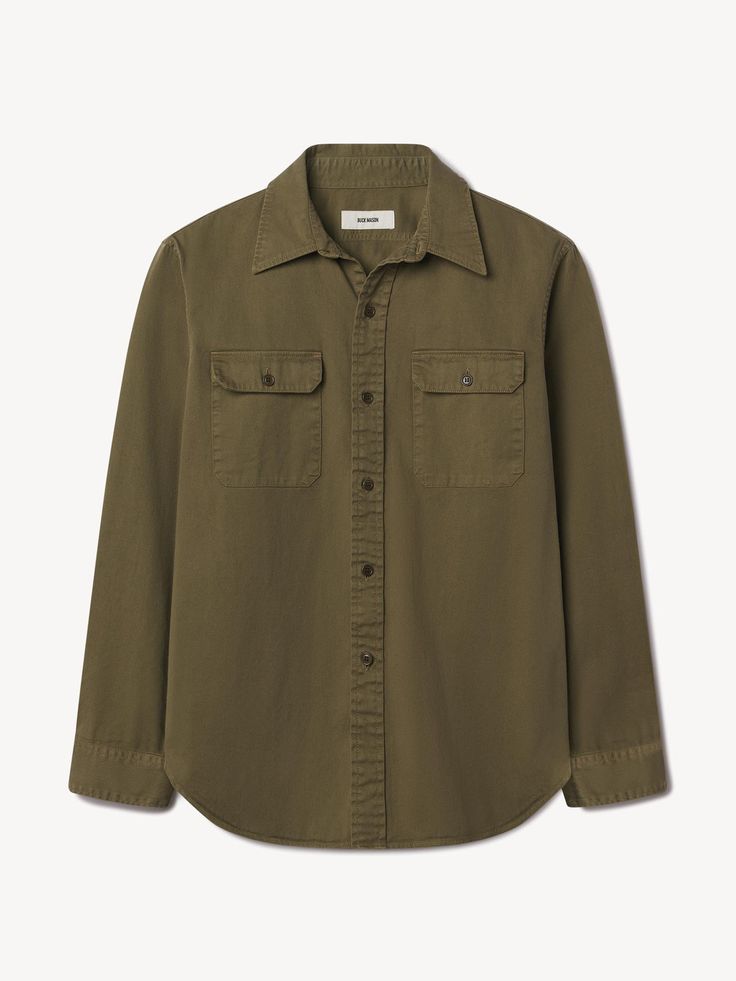 Field Olive Tough Twill Work Shirt - Classic midcentury workshirt in a sturdy cotton twill. Spring Outerwear, Buck Mason, Henley Sweater, Polo Long Sleeve, Japanese Denim, Raw Denim, Work Shirt, Shoes With Jeans, Suit Shop