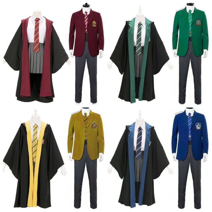 harry potter costumes are displayed on mannequins in different styles and colors, including black, green, red, yellow, blue, purple