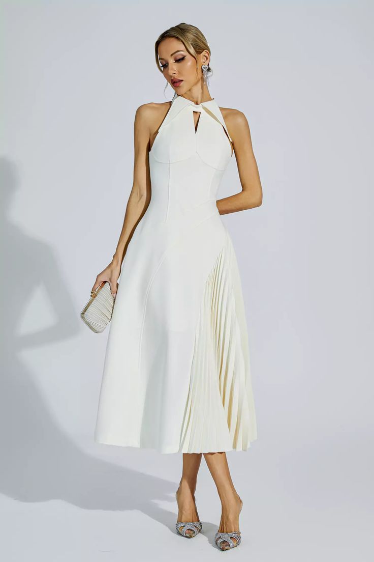 Cynthia Cream Ruched Midi Dress Ruched A-line Midi Dress For Cocktail, Pleated A-line Midi Dress For Dinner, Summer A-line Midi Dress With Accordion Pleats, Chic A-line Ruched Dress, Chic A-line Dress With Pleated Waist, Spring Sleeveless A-line Dress With Pleated Back, A-line Midi Dress With Accordion Pleats For Party, Chic A-line Pleated Dress, Pleated Halter Neck Sleeveless Party Dress