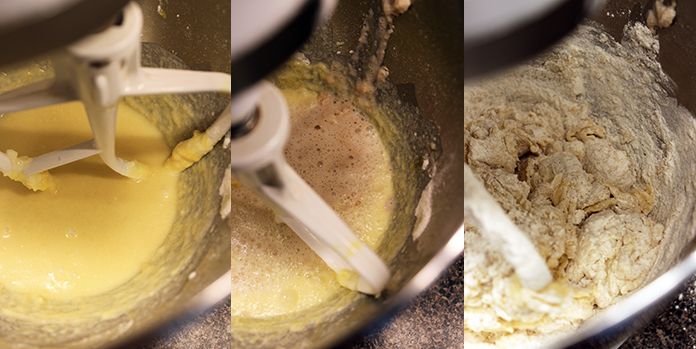 three pictures of mixing ingredients in a bowl