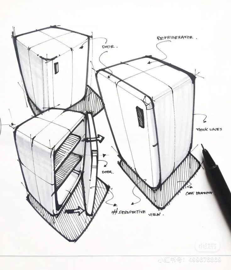 a drawing of two refrigerators sitting next to each other on top of a table