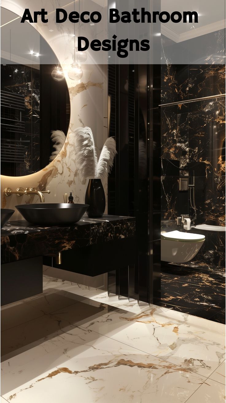 Marble is synonymous with luxury and elegance, making it a perfect fit for an Art Deco bathroom. Opt for black and white marble for a classic, high-contrast look, or choose colored marble, such as green or pink, for a bold statement. Use marble for countertops, flooring, and even walls. The natural veining of marble adds texture and interest, while the polished surface enhances the bathroom's overall glamour. Glamour Bathroom Ideas, Deco Bathroom Ideas, Art Deco Bathroom Ideas, Contrast Aesthetic, Glamour Bathroom, Hotel Bathroom Design, Black Marble Bathroom, Colored Marble, Bathroom Marble