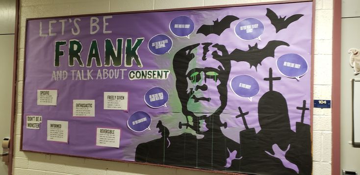 a purple and black poster on the wall in front of a door that says, let's be frank and talk about cement