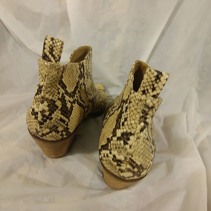 Steve Madden Fresko Snake Skin Bootie Western Booties With Stacked Heel And Round Toe, Brown Western Style Booties Medium Width, Beige Flat Heels For Fall, Beige Round Toe Heels For Fall, Western Booties With Round Toe And Leather Sole, Western Almond Toe Heels For Fall, Western Boots With Snake Print And Round Toe, Beige Heels With Textured Sole And Round Toe, Western Style Booties With Medium Width