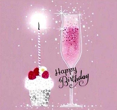 a pink birthday card with two champagne glasses and a cake on it's side