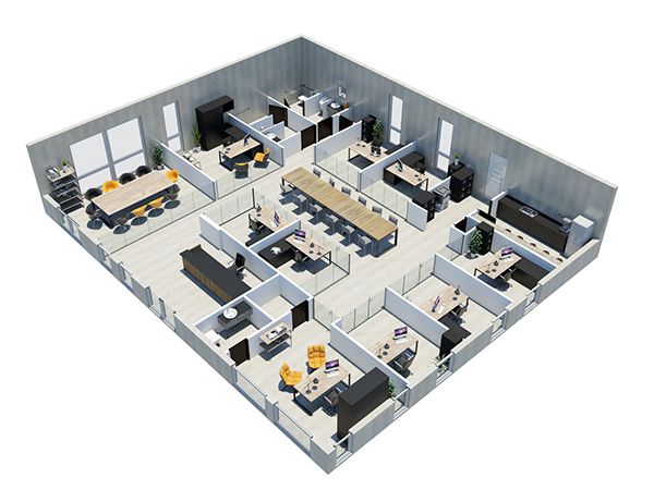 an office floor plan with two desks, chairs and other items in the center