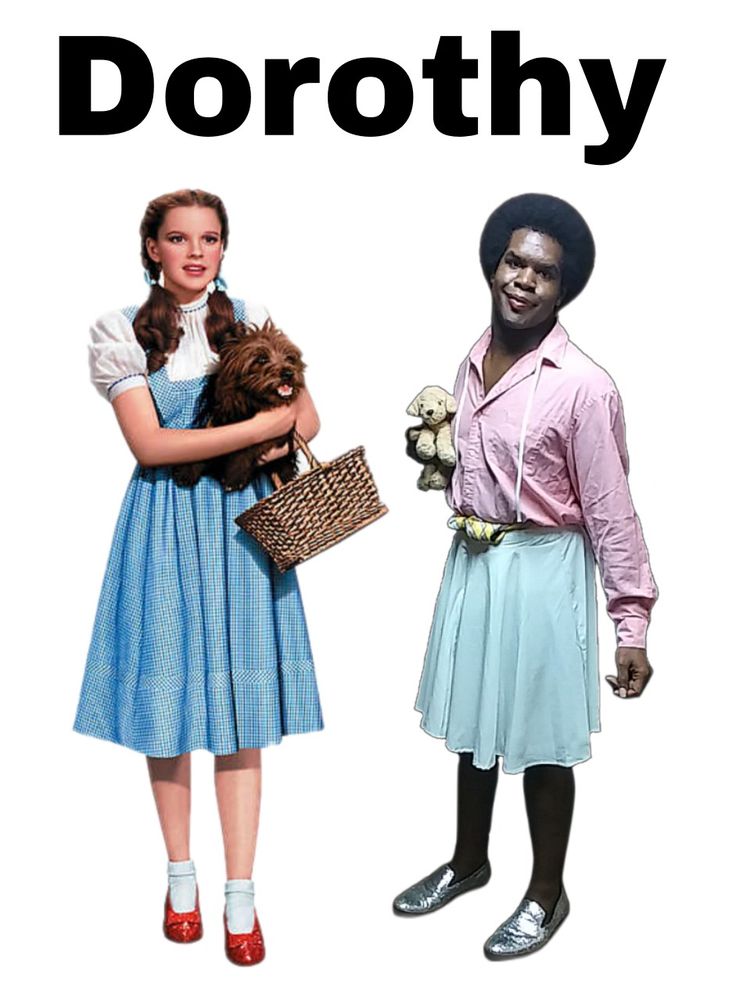 two women dressed in costumes standing next to each other with the words dorothy on them