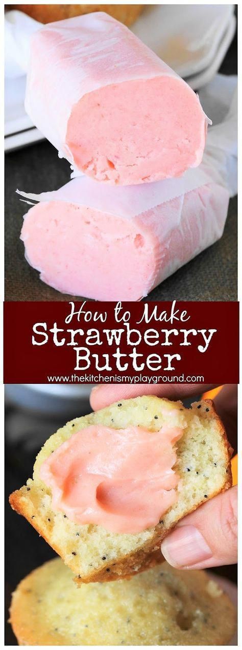 strawberry butter is being spread on top of a piece of bread with the words how to make strawberry butter