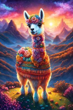 a llama with flowers on it's back standing in the middle of a field