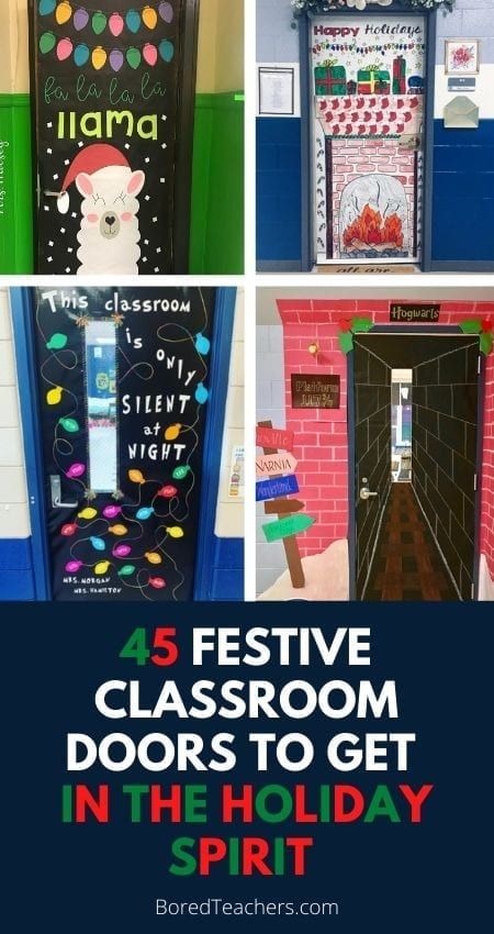 four classroom door decorations with the words festive doors to get in the holiday spirit