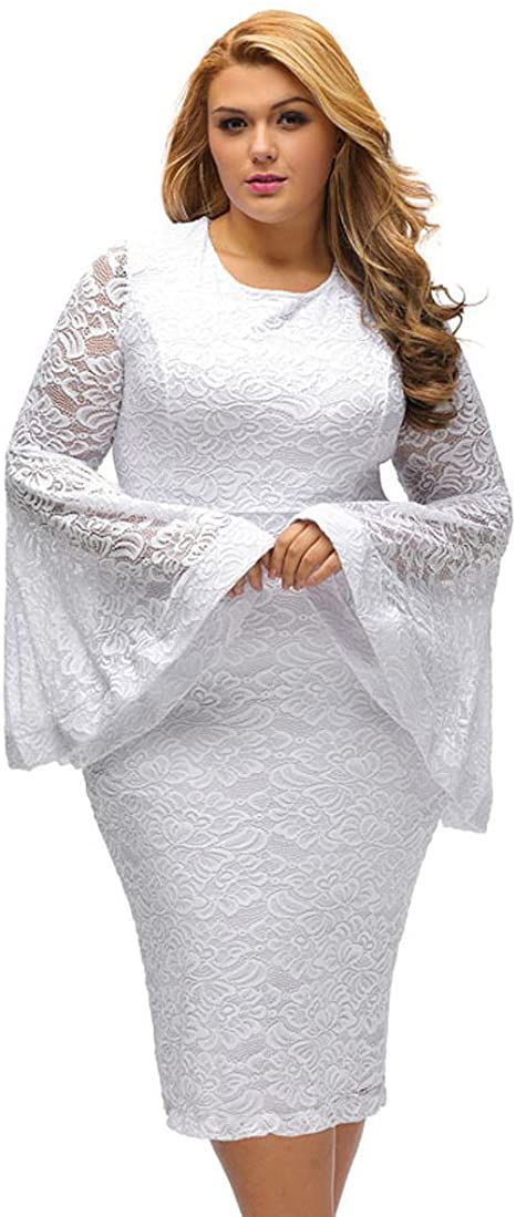 SUGARWEWE Sexy All White Plus Size Dress for Women Bell Sleeves Lace Dress Party Dress White Plus Size Dress, White Plus Size Dresses, Off Shoulder Lace Dress, Bodycon Dress Casual, Mid Calf Dresses, Lace Dress With Sleeves, Fabulous Clothes, Elegant Dresses For Women, Lace Dress Long