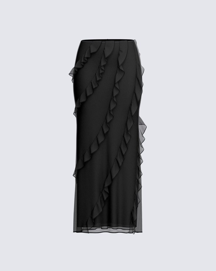 A modern take on a classy classic 😏 This black ruffle maxi skirt is crafted from ultra-soft chiffon fabric, and boasts a mid-rise fit, ruffle details, a slight mermaid shape, and an invisible side zipper 🖤 Chic Tiered Maxi Skirt For Party, Chic Ruffled Party Skirt, Elegant Ruffled Bottoms For Party, Flowy Tiered Maxi Skirt For Night Out, Chic Ruffled Evening Skirt, Chic Chiffon Tiered Skirt Bottoms, Chic Evening Ruffled Skirt, Chic Chiffon Skirt For Party, Chic Chiffon Party Skirt