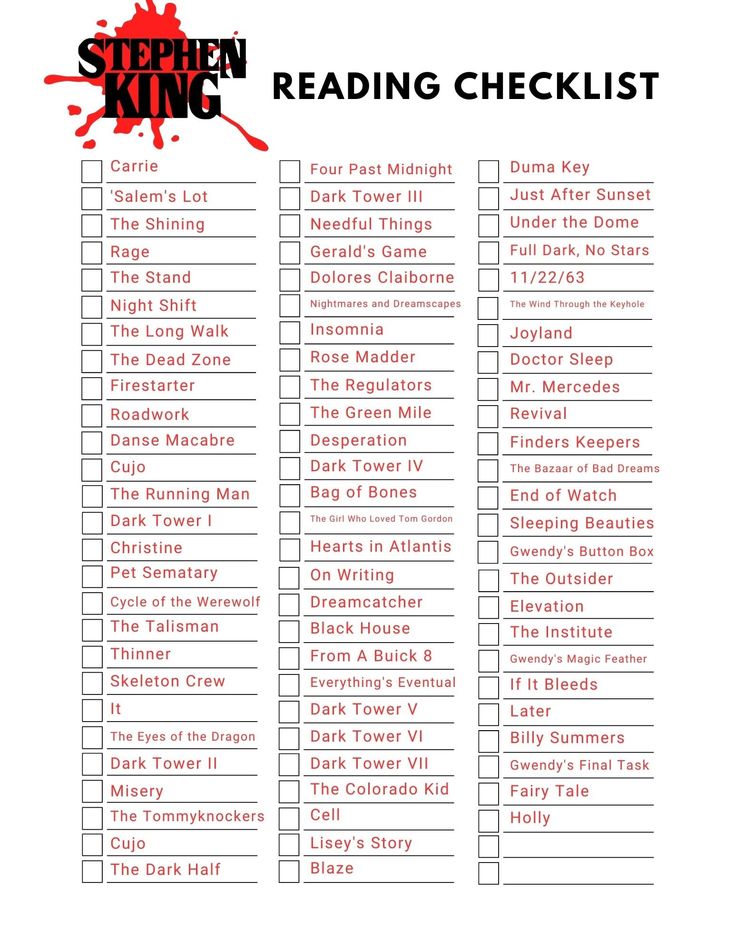 the stephen king reading checklist is shown in red and black, with blood splattered over it